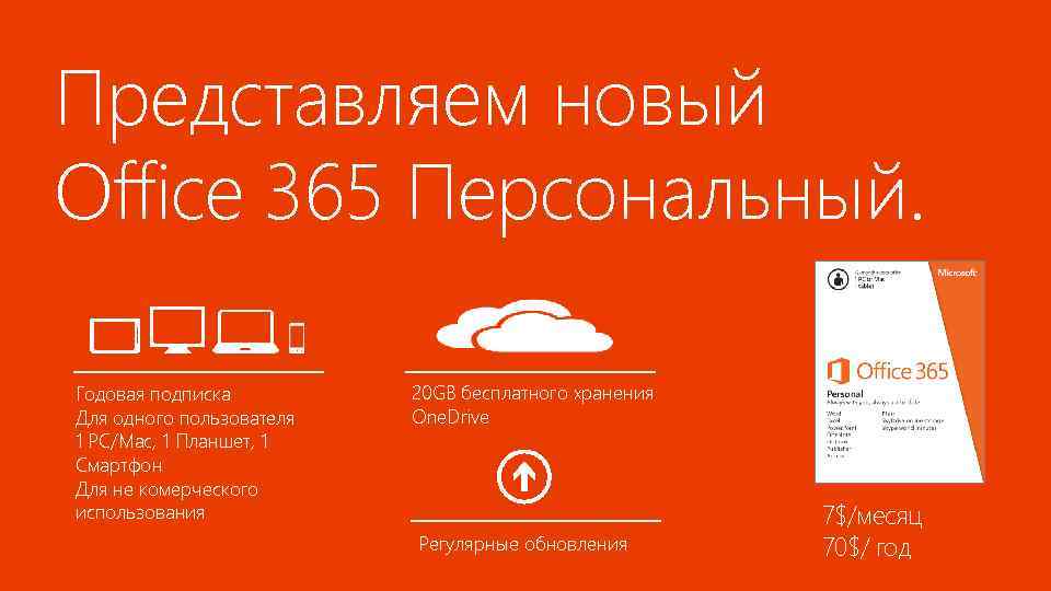 Представляем новый Office 365 Персональный. Годовая подписка Для одного пользователя 1 PC/Mac, 1 Планшет,