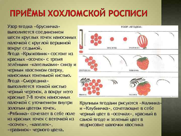 ПРИЁМЫ ХОХЛОМСКОЙ РОСПИСИ Узор ягодка «брусничка» выполняется соединением шести круглых точек наносимых палочкой с