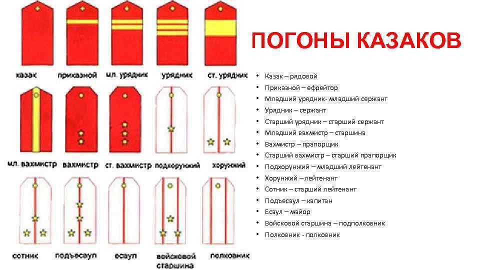 ПОГОНЫ КАЗАКОВ • • • • Казак – рядовой Приказной – ефрейтор Младший урядник-