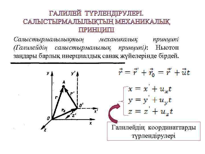 Салыстырмалылықтың механикалық принципі (Галилейдің салыстырмалылық принципі): Ньютон заңдары барлық инерциалдық санақ жүйелерінде бірдей. Галилейдің