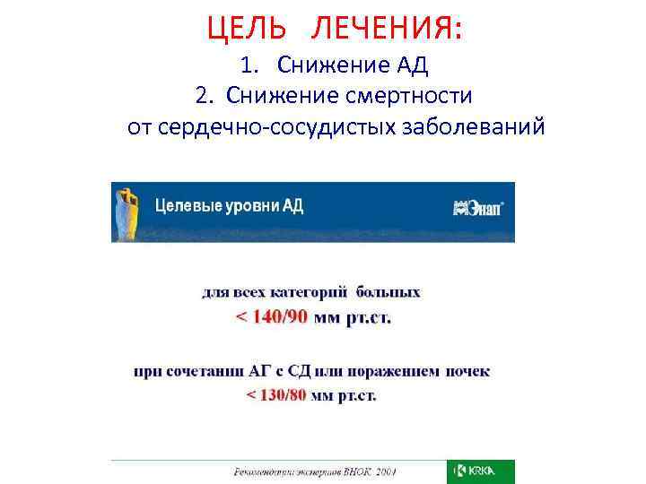 ЦЕЛЬ ЛЕЧЕНИЯ: 1. Снижение АД 2. Снижение смертности от сердечно-сосудистых заболеваний 