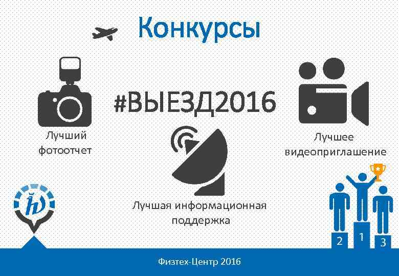 Конкурсы #ВЫЕЗД 2016 Лучший фотоотчет Лучшее видеоприглашение Лучшая информационная поддержка Физтех-Центр 2016 