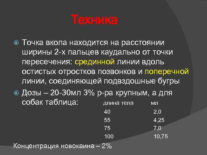 Техника Точка вкола находится на расстоянии ширины 2 -х пальцев каудально от точки пересечения: