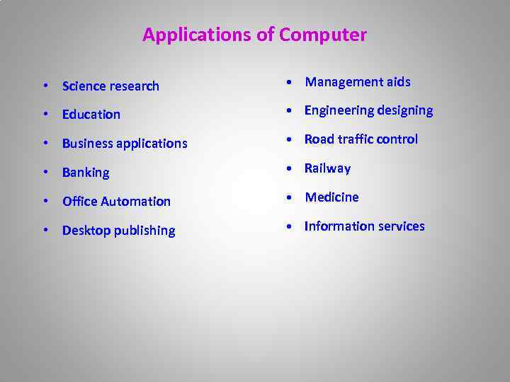 Applications of Computer • Science research • Management aids • Education • Engineering designing