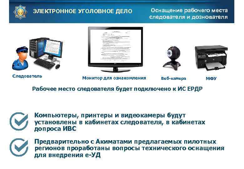 ЭЛЕКТРОННОЕ УГОЛОВНОЕ ДЕЛО Следователь Монитор для ознакомления Оснащение рабочего места следователя и дознователя Веб-камера