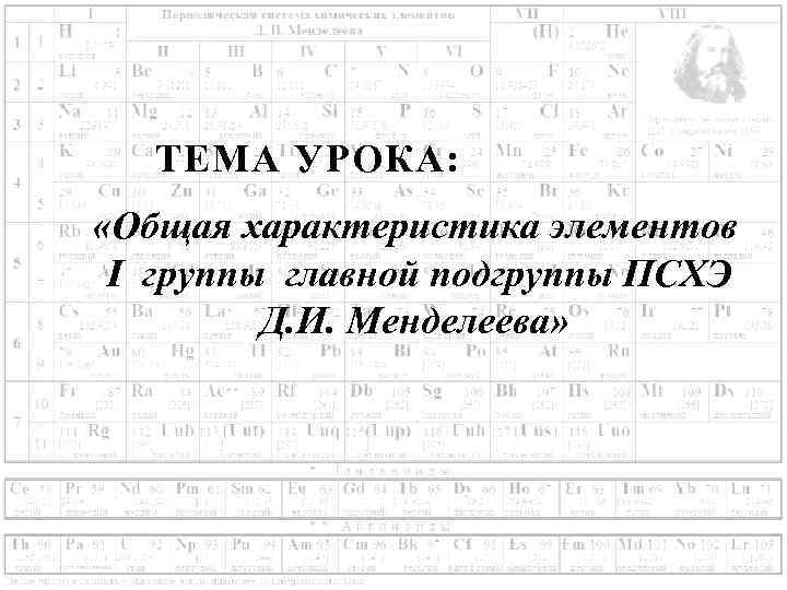 ТЕМА УРОКА: «Общая характеристика элементов I группы главной подгруппы ПСХЭ Д. И. Менделеева» 