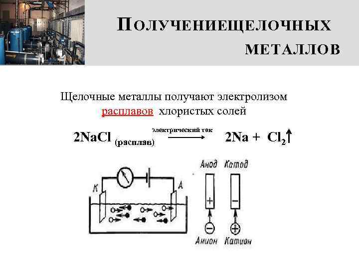 П ОЛУЧЕНИЕЩЕЛОЧНЫХ МЕТАЛЛОВ Щелочные металлы получают электролизом расплавов хлористых солей электрический ток 2 Na.