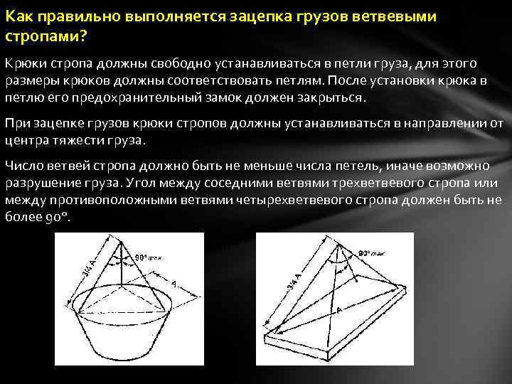 Как правильно выполняется зацепка грузов ветвевыми стропами? Крюки стропа должны свободно устанавливаться в петли