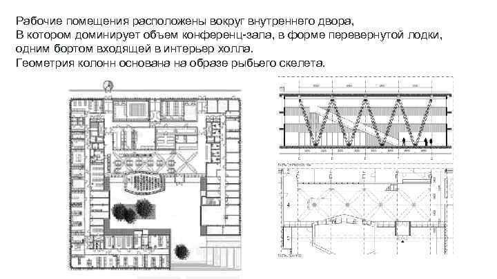 Рабочие помещения расположены вокруг внутреннего двора, В котором доминирует объем конференц-зала, в форме перевернутой