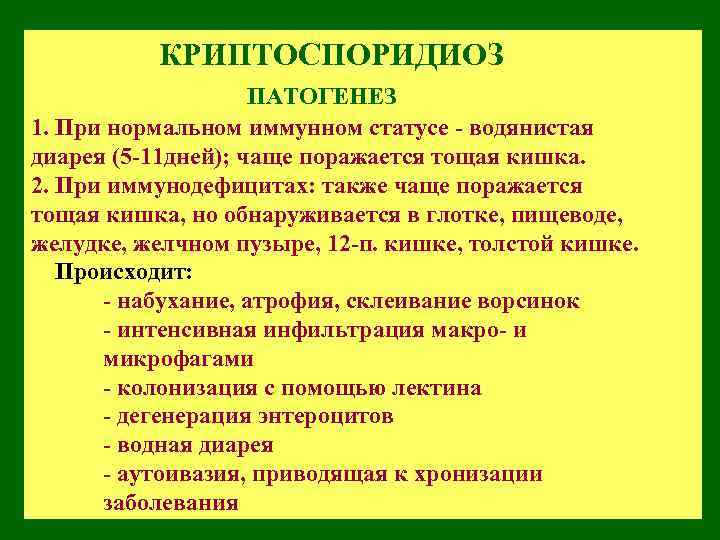  КРИПТОСПОРИДИОЗ ПАТОГЕНЕЗ 1. При нормальном иммунном статусе - водянистая диарея (5 -11 дней);