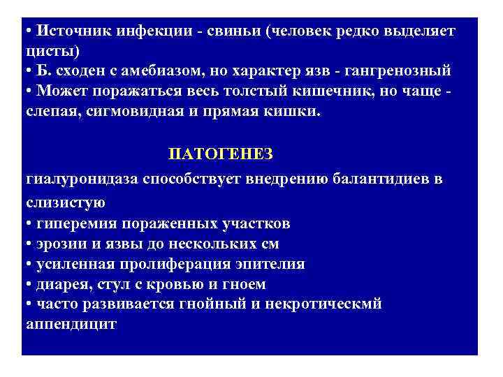 • Источник инфекции - свиньи (человек редко выделяет цисты) • Б. сходен с