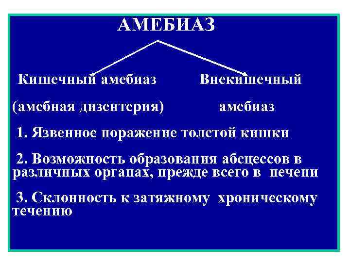 АМЕБИАЗ Кишечный амебиаз Внекишечный (амебная дизентерия) амебиаз 1. Язвенное поражение толстой кишки 2. Возможность