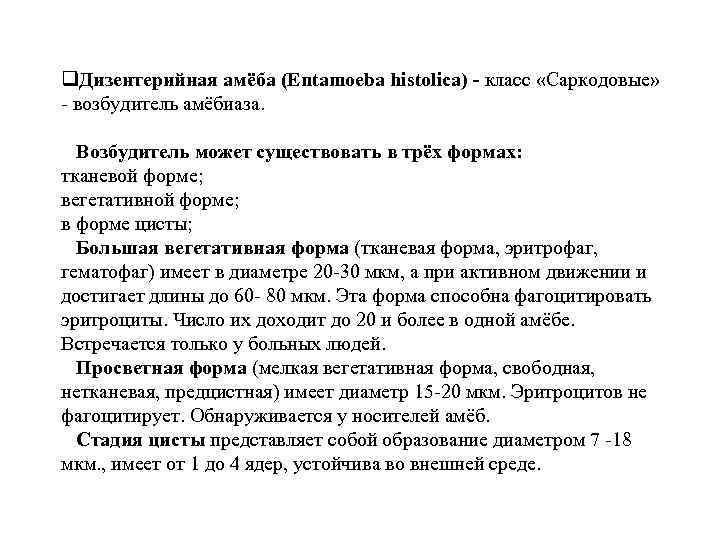 q. Дизентерийная амёба (Entamoeba histolica) - класс «Саркодовые» - возбудитель амёбиаза. Возбудитель может существовать