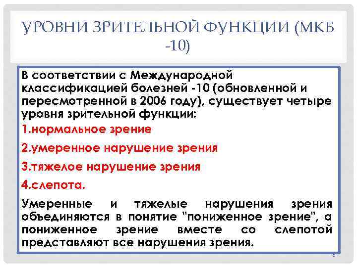 УРОВНИ ЗРИТЕЛЬНОЙ ФУНКЦИИ (МКБ -10) В соответствии с Международной классификацией болезней -10 (обновленной и