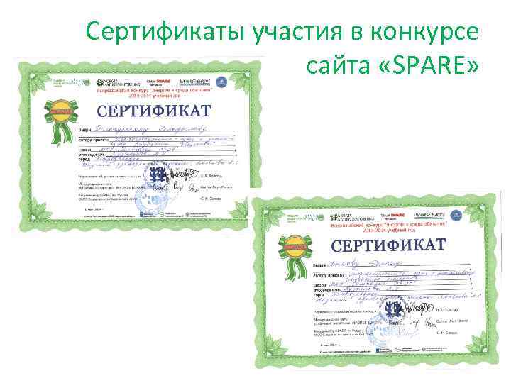 Сертификаты участия в конкурсе сайта «SPARE» 