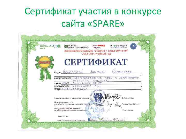 Сертификат участия в конкурсе сайта «SPARE» 