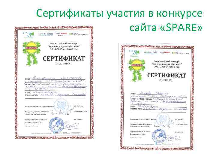 Сертификаты участия в конкурсе сайта «SPARE» 