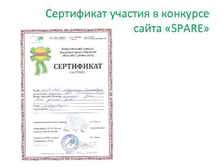 Сертификат участия в конкурсе сайта «SPARE» 