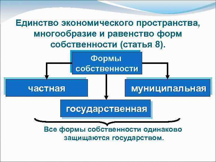 Единство экономического пространства, многообразие и равенство форм собственности (статья 8). Формы собственности частная муниципальная