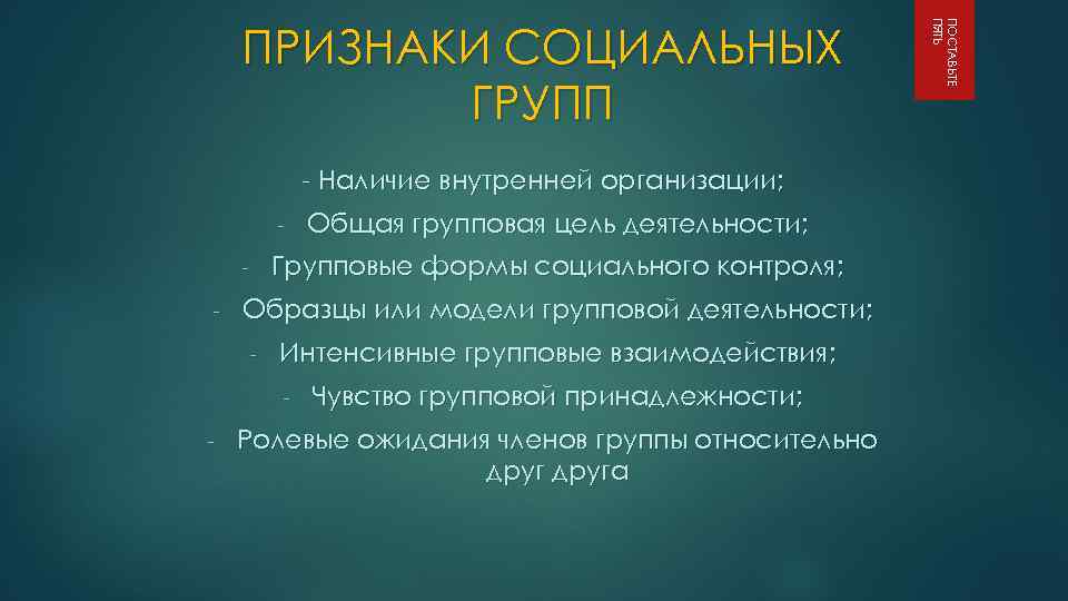  Наличие внутренней организации; Групповые формы социального контроля; Образцы или модели групповой деятельности; Интенсивные