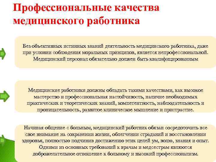 Профессиональные качества медицинского работника Без объективных истинных знаний деятельность медицинского работника, даже при условии