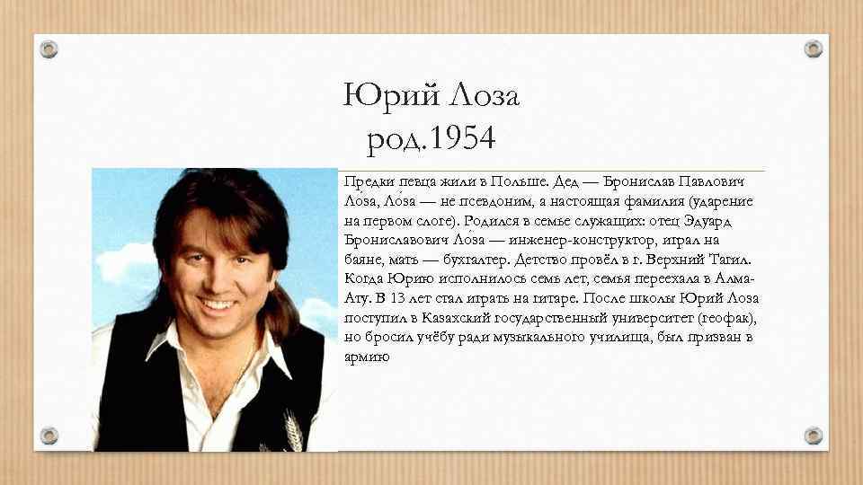 Юрий Лоза род. 1954 Предки певца жили в Польше. Дед — Бронислав Павлович Ло