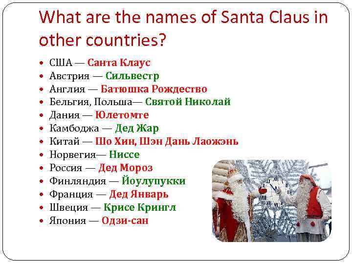 What are the names of Santa Claus in other countries? США — Санта Клаус