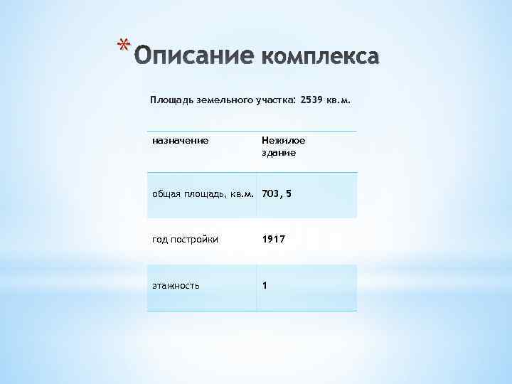 * Описание комплекса Площадь земельного участка: 2539 кв. м. назначение Нежилое здание общая площадь,