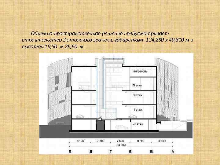 Объемно-пространственное решение предусматривает строительство 3 -этажного здания с габаритами 124, 250 х 49, 810