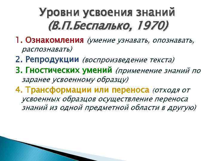 Уровни усвоения знаний (В. П. Беспалько, 1970) 1. Ознакомления (умение узнавать, опознавать, распознавать) 2.