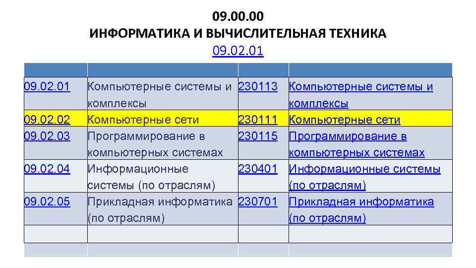 09. 00 ИНФОРМАТИКА И ВЫЧИСЛИТЕЛЬНАЯ ТЕХНИКА 09. 02. 01 09. 02. 03 09. 02.