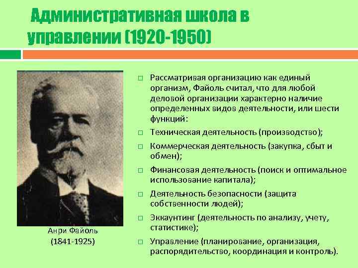 Административная школа в управлении (1920 -1950) Анри Файоль (1841 1925) Рассматривая организацию как единый