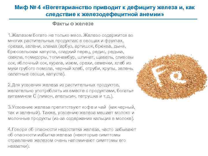 Миф № 4 «Вегетарианство приводит к дефициту железа и, как следствие к железодефецитной анемии»