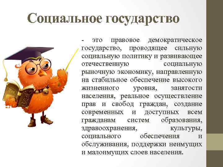 Социальное государство это правовое демократическое государство, проводящее сильную социальную политику и развивающее отечественную социальную