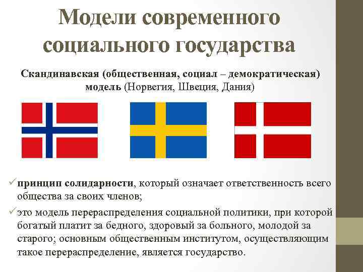 Модели современного социального государства Скандинавская (общественная, социал – демократическая) модель (Норвегия, Швеция, Дания) üпринцип
