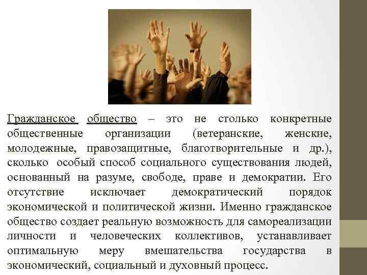 Гражданское общество – это не столько конкретные общественные организации (ветеранские, женские, молодежные, правозащитные, благотворительные