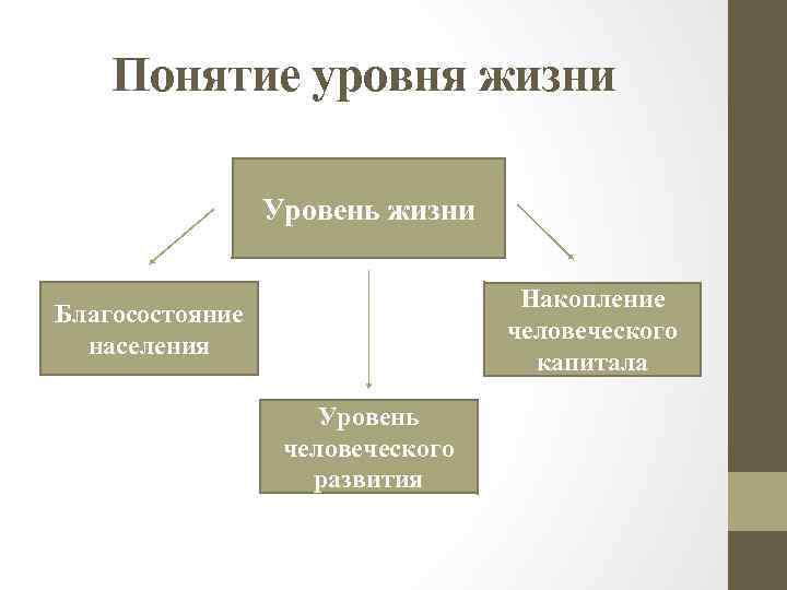 Понятие уровня жизни Уровень жизни Накопление человеческого капитала Благосостояние населения Уровень человеческого развития 
