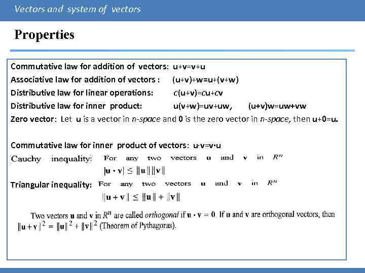 Vectors and system of vectors Properties Commutative law for addition of vectors: u+v=v+u Associative