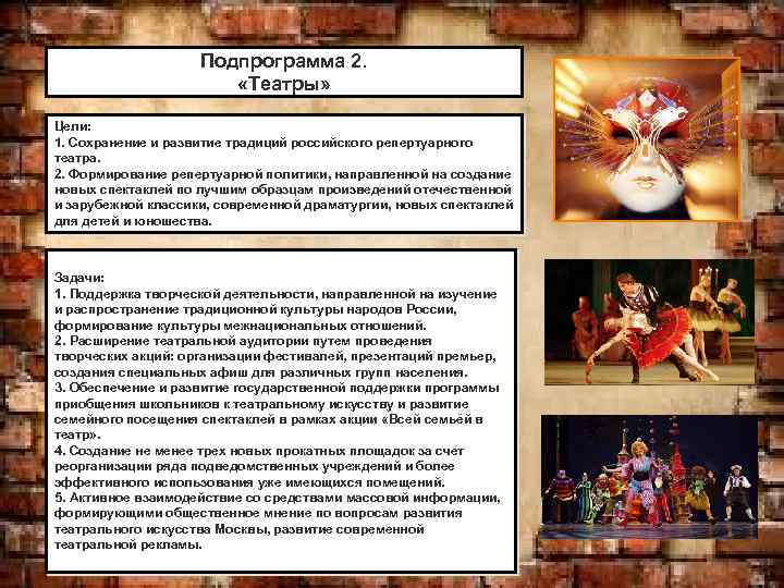 Подпрограмма 2. «Театры» Цели: 1. Сохранение и развитие традиций российского репертуарного театра. 2. Формирование