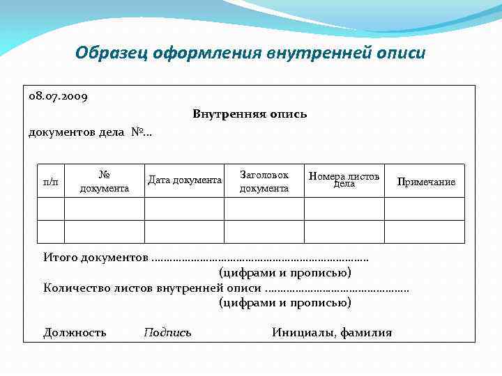Образец оформления внутренней описи 08. 07. 2009 Внутренняя опись документов дела №. . .