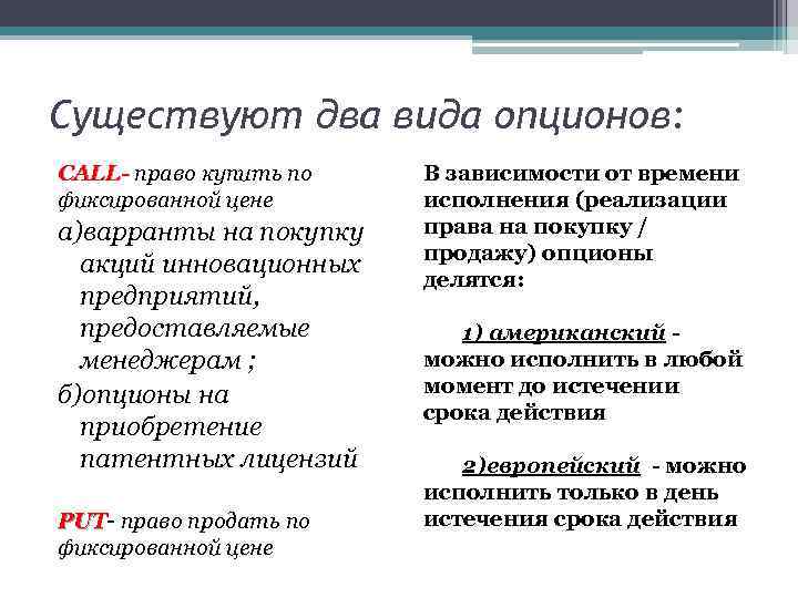 Существуют два вида опционов: СALL- право купить по ALLфиксированной цене а)варранты на покупку акций