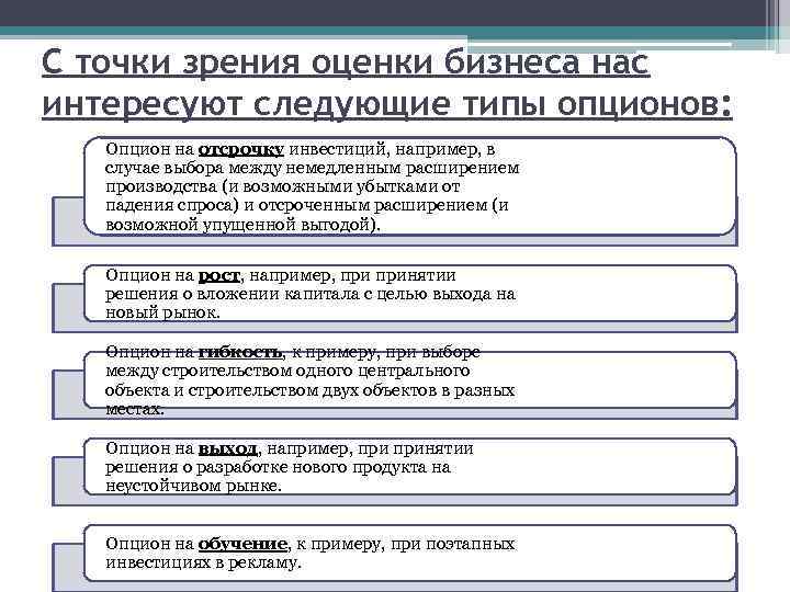С точки зрения оценки бизнеса нас интересуют следующие типы опционов: Опцион на отсрочку инвестиций,