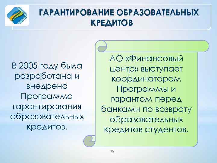 ГАРАНТИРОВАНИЕ ОБРАЗОВАТЕЛЬНЫХ КРЕДИТОВ В 2005 году была разработана и внедрена Программа гарантирования образовательных кредитов.