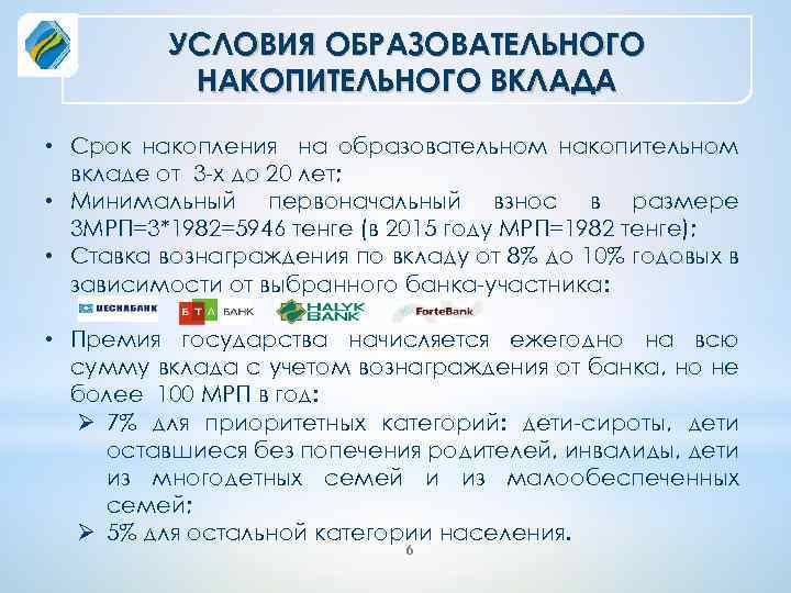 УСЛОВИЯ ОБРАЗОВАТЕЛЬНОГО НАКОПИТЕЛЬНОГО ВКЛАДА • Срок накопления на образовательном накопительном вкладе от 3 -х