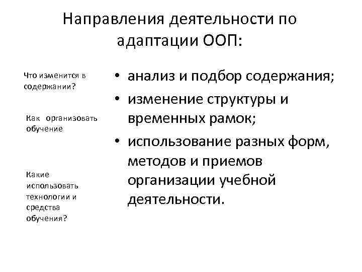 Направления деятельности по адаптации ООП: Что изменится в содержании? Как организовать обучение Какие использовать