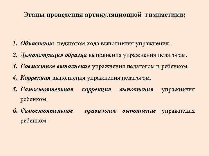 Этапы проведения артикуляционной гимнастики: 1. Объяснение педагогом хода выполнения упражнения. 2. Демонстрация образца выполнения