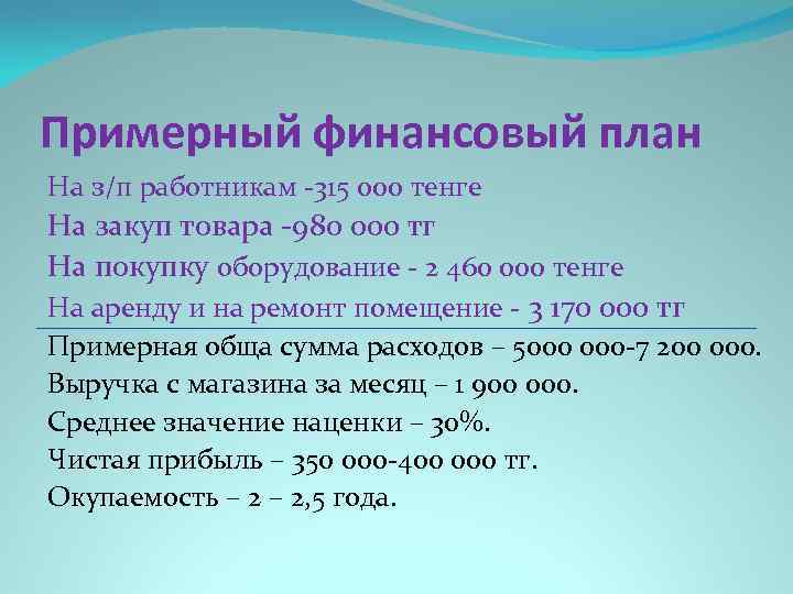 Примерный финансовый план На з/п работникам -315 000 тенге На закуп товара -980 000