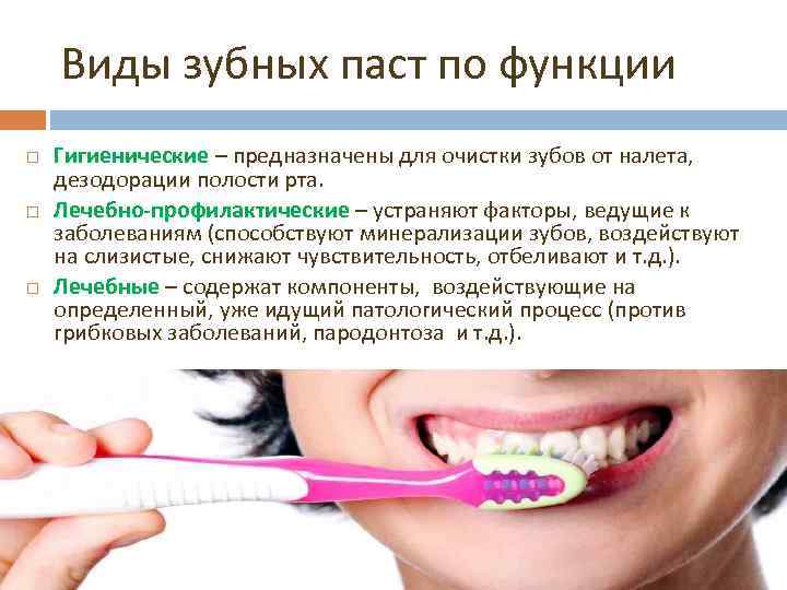 Виды зубных паст по функции Гигиенические – предназначены для очистки зубов от налета, дезодорации