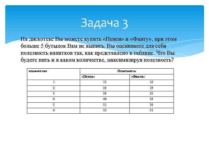 Что содержит задача. На дискотеке вы можете купить пепси и фанту. Полезность задачи с решениями. Задача три потребителя. Форму для решения задач на полезность.