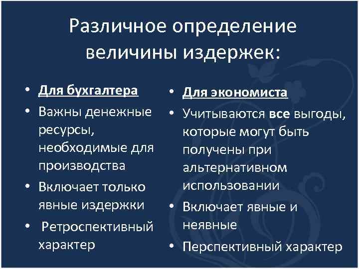 Различное определение величины издержек: • Для бухгалтера • Важны денежные ресурсы, необходимые для производства